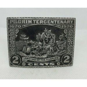 Pilgrim Tercentenary Landing Of The Pilgrims 2¢ Stamp Solid Pewter Belt Buckle